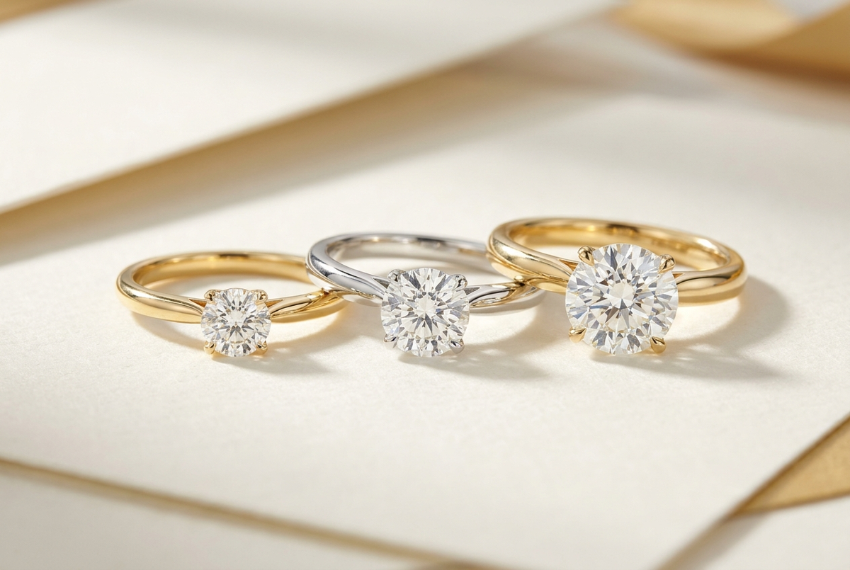 Tres anillos de compromiso con diamante en oro, de menor a mayor, sobre papel marfil