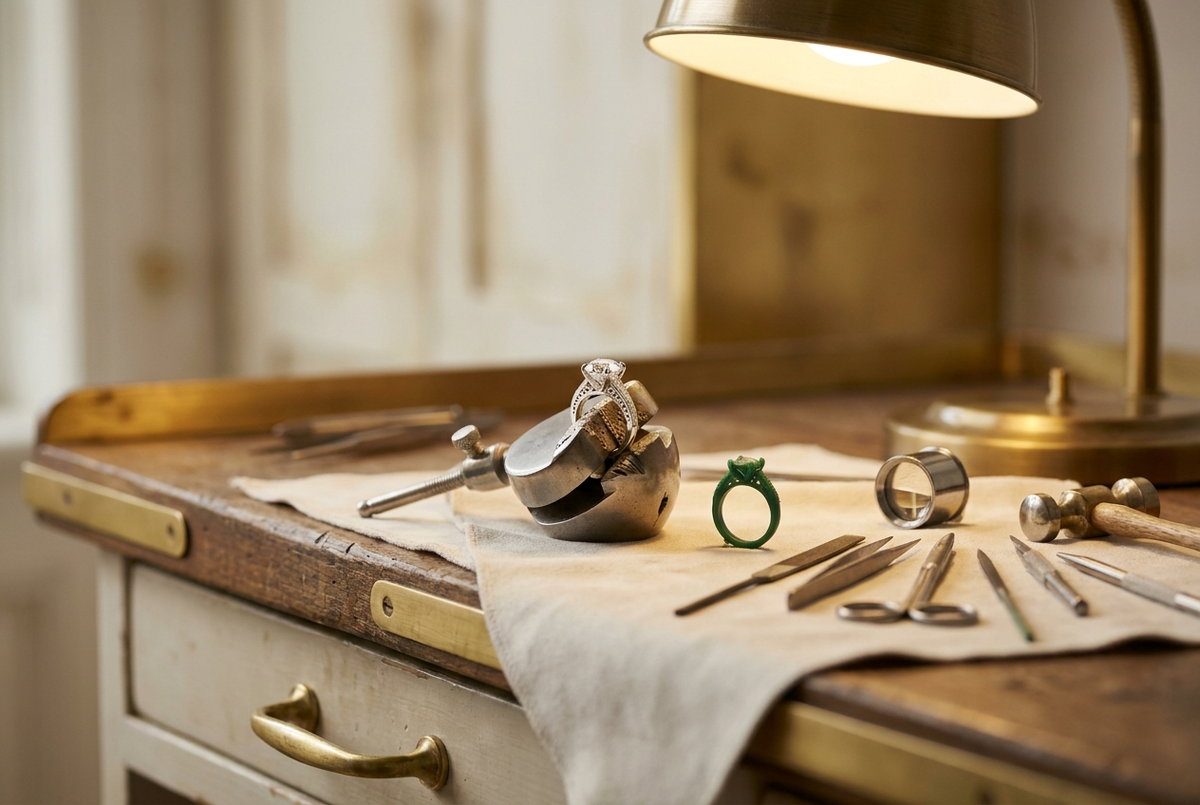 Mesa de joyero con un anillo de compromiso en proceso, modelo en cera y herramientas